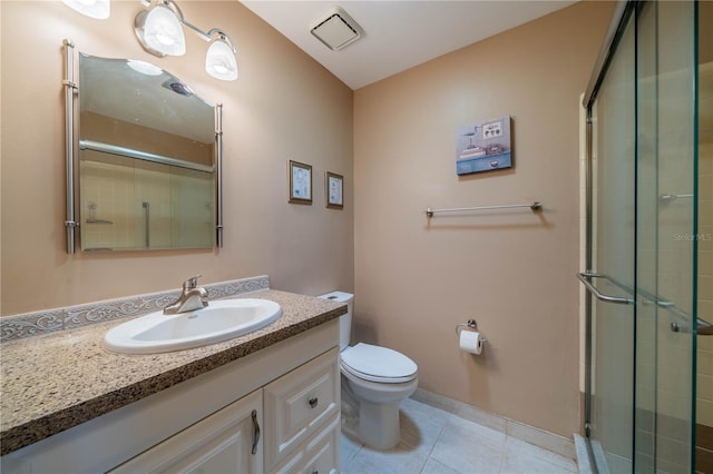 bathroom with tile patterned floors, visible vents, a shower stall, and toilet