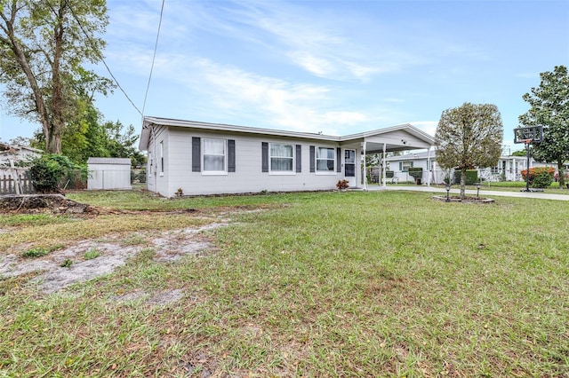 ranch-style house featuring fence and a front yard