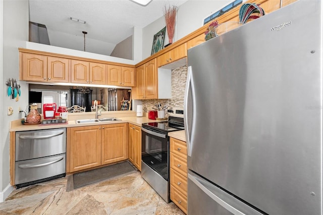 kitchen featuring a sink, light countertops, appliances with stainless steel finishes, a warming drawer, and tasteful backsplash