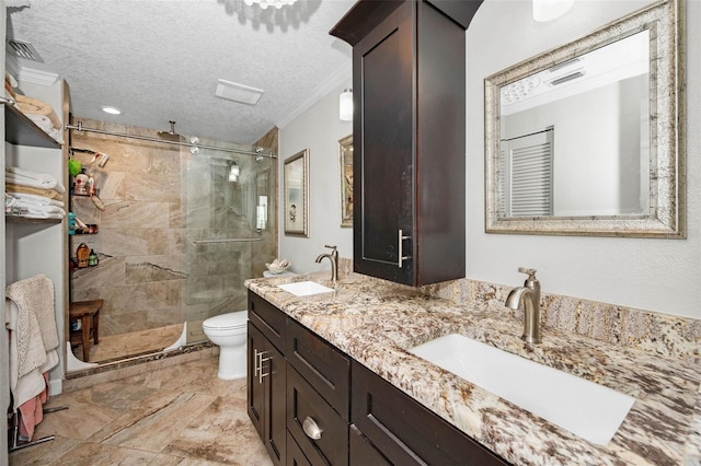 bathroom featuring a textured ceiling, toilet, a stall shower, and a sink