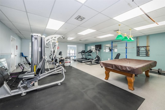 gym featuring pool table, visible vents, and a paneled ceiling