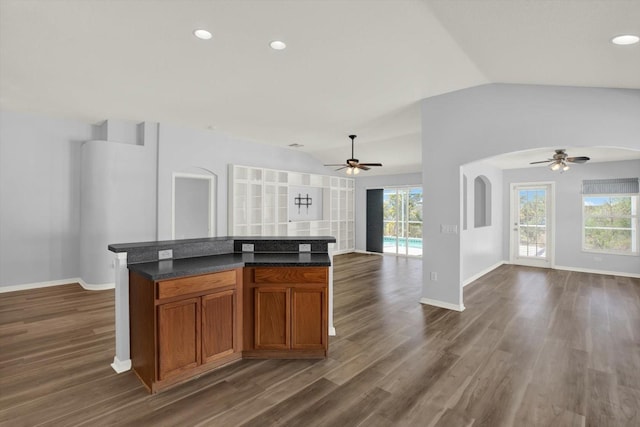 kitchen with open floor plan, plenty of natural light, and lofted ceiling