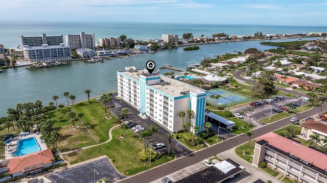 bird's eye view with a water view and a view of city