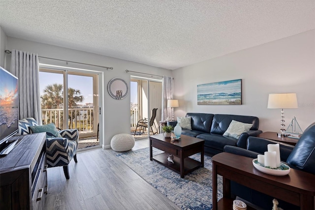 living area with a textured ceiling and wood finished floors