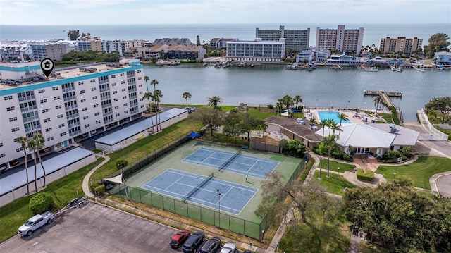 aerial view with a water view and a view of city