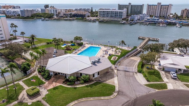 drone / aerial view with a water view and a view of city