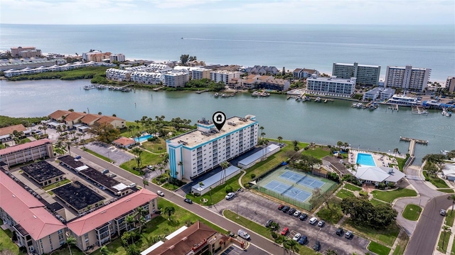 aerial view with a view of city and a water view