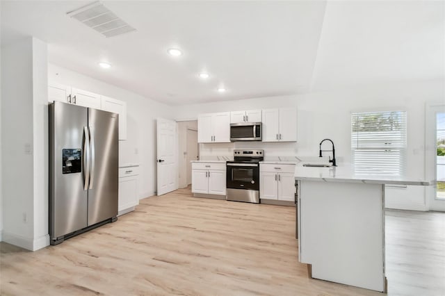 kitchen featuring visible vents, a peninsula, stainless steel appliances, white cabinetry, and a sink