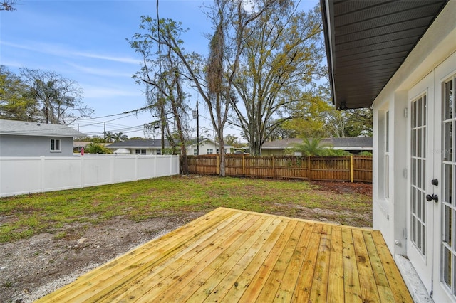deck featuring french doors and a fenced backyard