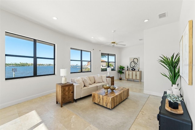 living room with recessed lighting, baseboards, visible vents, and ceiling fan