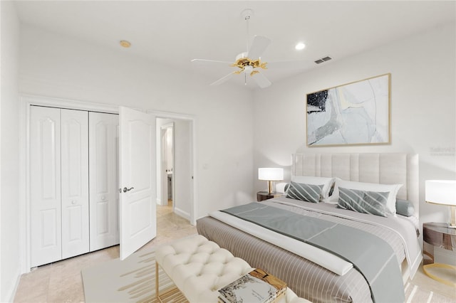 bedroom featuring recessed lighting, visible vents, a closet, and ceiling fan