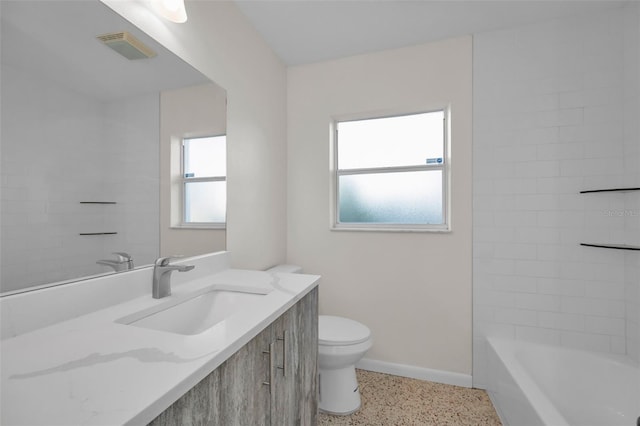 full bathroom with toilet, speckled floor, visible vents, vanity, and baseboards