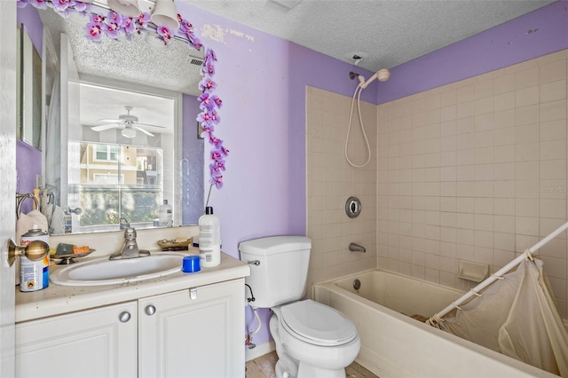 full bath with a textured ceiling, shower / tub combo, toilet, and vanity