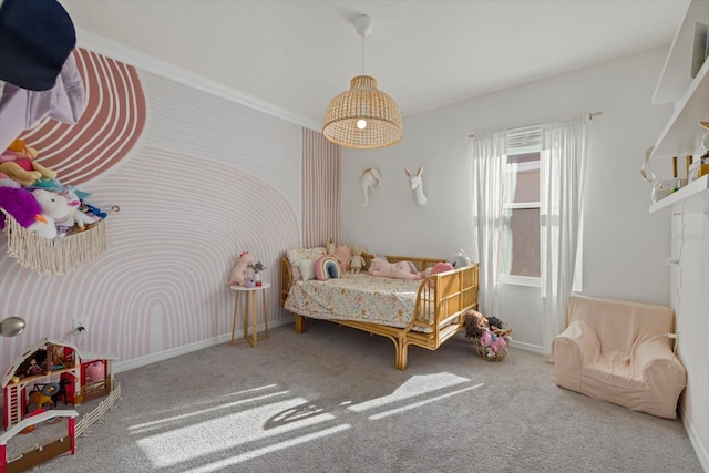 bedroom with carpet flooring, baseboards, and wallpapered walls