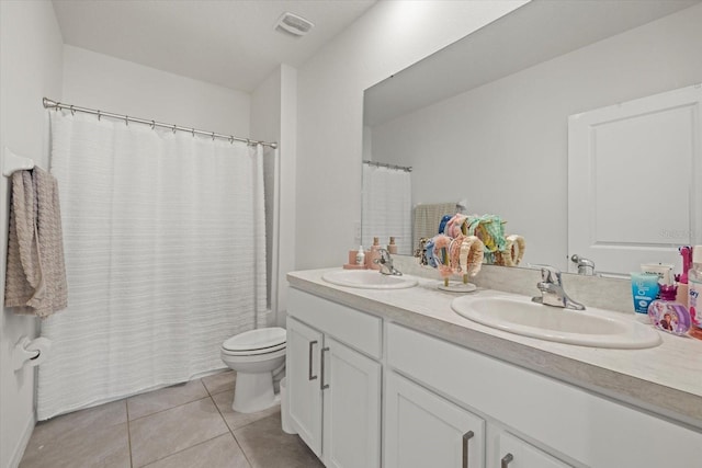 full bathroom featuring double vanity, visible vents, toilet, tile patterned floors, and a sink