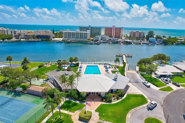 birds eye view of property featuring a water view