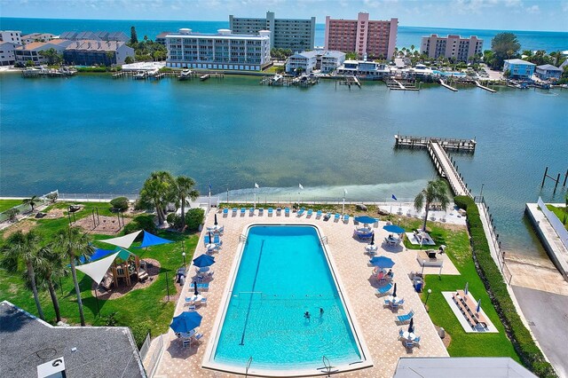 aerial view featuring a water view