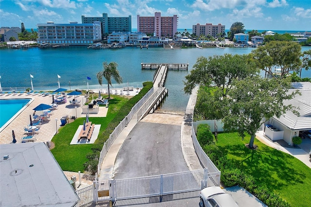 drone / aerial view with a water view and a city view