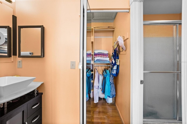 bathroom featuring a shower stall, vanity, and wood finished floors