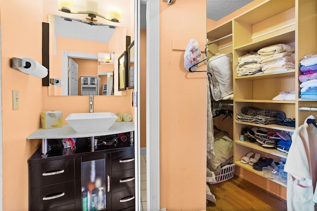 walk in closet with wood finished floors and a sink