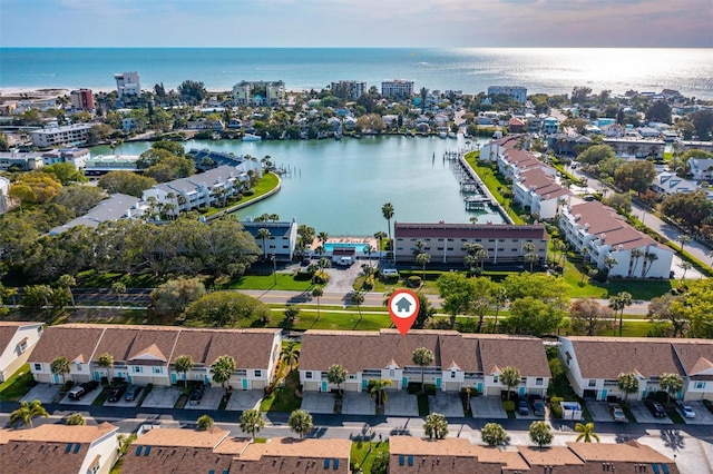 bird's eye view with a water view