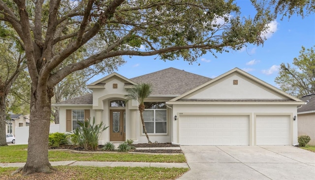 single story home with a garage, roof with shingles, driveway, and stucco siding