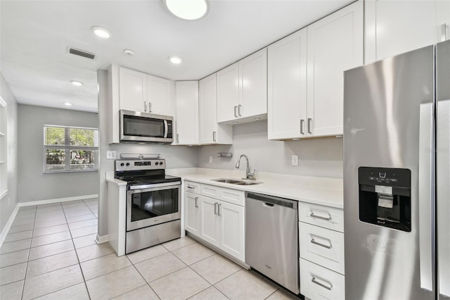 kitchen with visible vents, white cabinets, appliances with stainless steel finishes, light countertops, and a sink