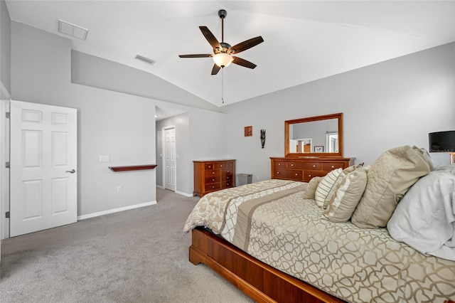 bedroom featuring vaulted ceiling, carpet floors, visible vents, and baseboards