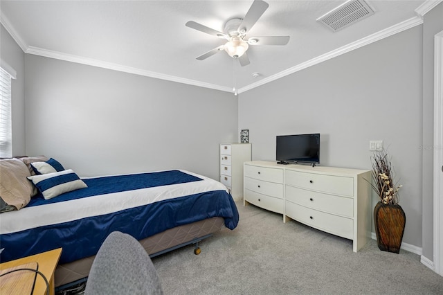 bedroom with light carpet, ceiling fan, visible vents, and ornamental molding