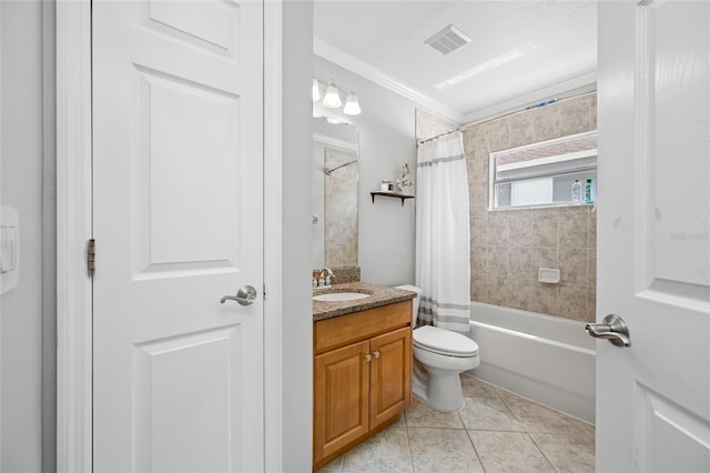 full bath with shower / tub combo, visible vents, toilet, tile patterned floors, and vanity