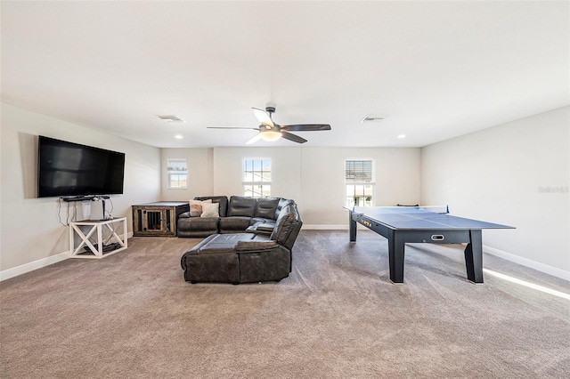 rec room featuring recessed lighting, carpet flooring, visible vents, and baseboards