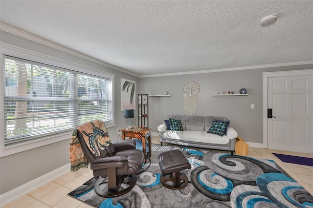 living area featuring light tile patterned floors, baseboards, ornamental molding, and a textured ceiling