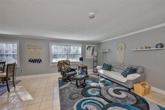 living area featuring light tile patterned floors, a textured ceiling, baseboards, and crown molding