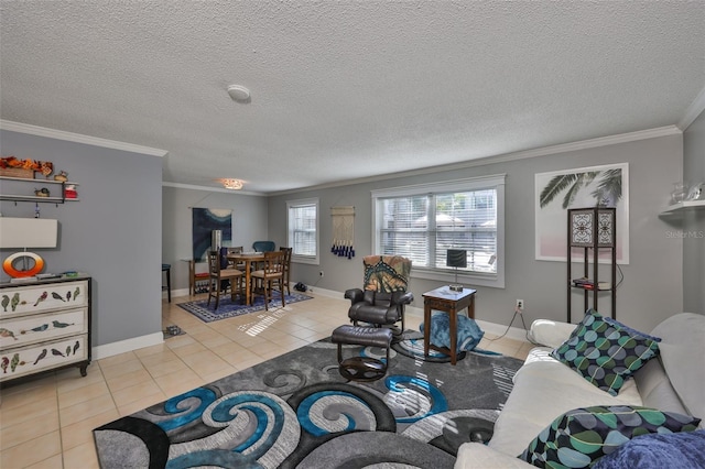 living room featuring tile patterned flooring, crown molding, a textured ceiling, and baseboards