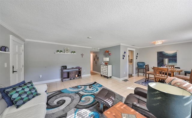 living room with a textured ceiling, baseboards, crown molding, and light tile patterned flooring