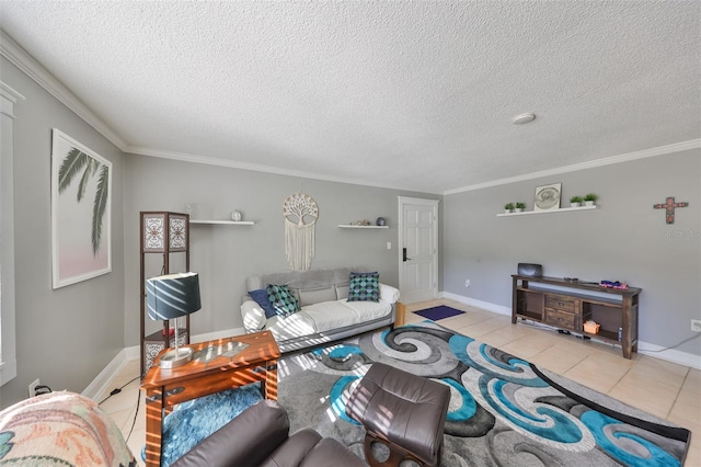 living area featuring baseboards, tile patterned flooring, ornamental molding, and a textured ceiling