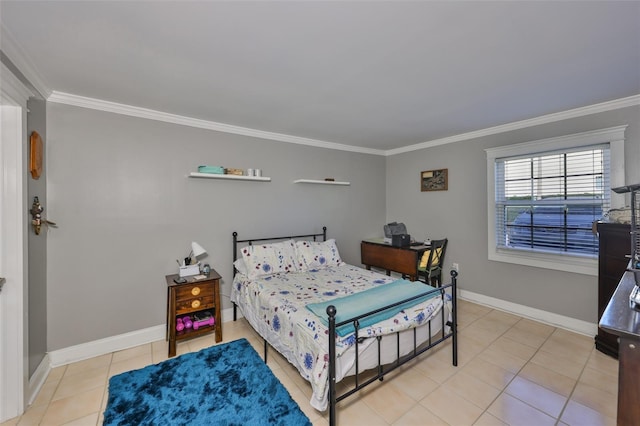 bedroom featuring crown molding, baseboards, and light tile patterned floors