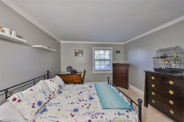 bedroom featuring ornamental molding, baseboards, and light tile patterned floors