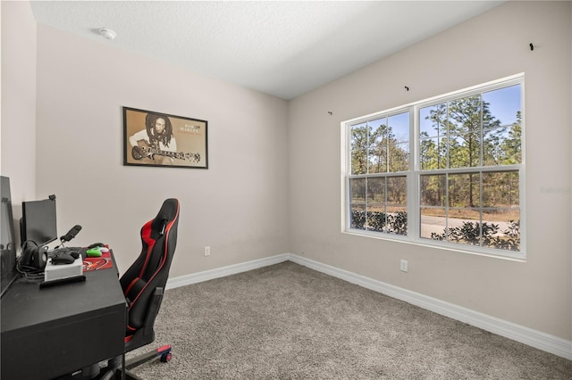 carpeted office space featuring baseboards and a textured ceiling