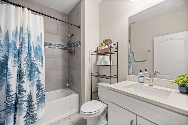 bathroom with tile patterned floors, shower / bath combination with curtain, toilet, and vanity