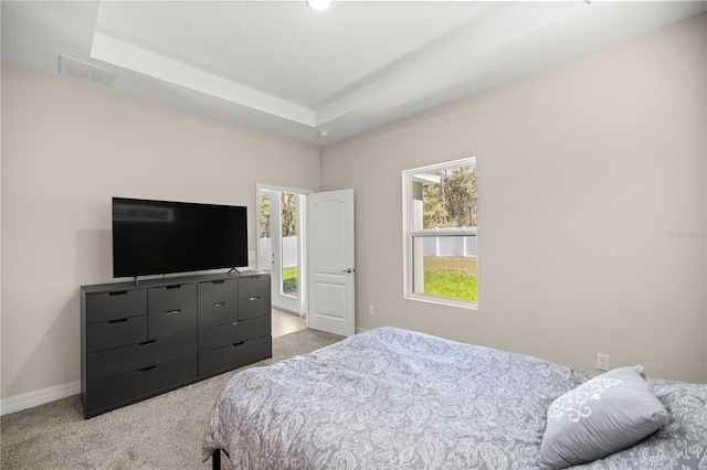 bedroom featuring a tray ceiling, visible vents, baseboards, and light colored carpet