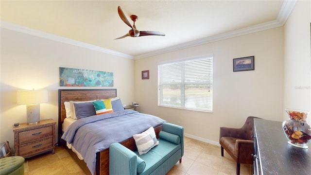 bedroom with light tile patterned floors, ceiling fan, baseboards, and crown molding