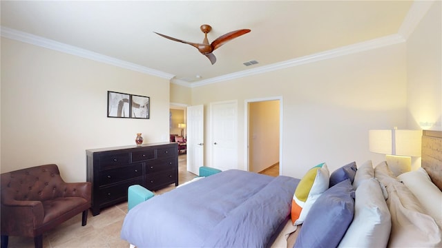 bedroom with ceiling fan, visible vents, crown molding, and light tile patterned floors