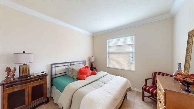 bedroom with crown molding, baseboards, and light tile patterned floors