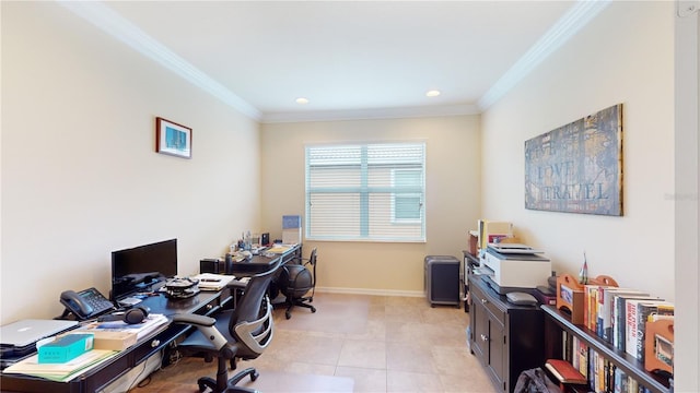 office area featuring light tile patterned flooring, baseboards, ornamental molding, and recessed lighting