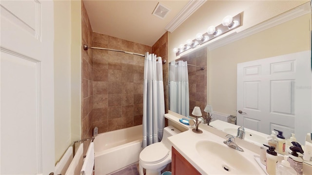 full bath featuring toilet, vanity, visible vents, ornamental molding, and shower / bathtub combination with curtain