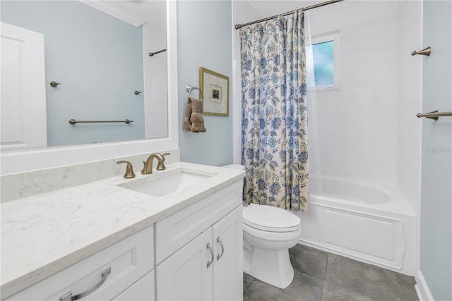 bathroom featuring toilet, tile patterned floors, shower / bath combo with shower curtain, and vanity