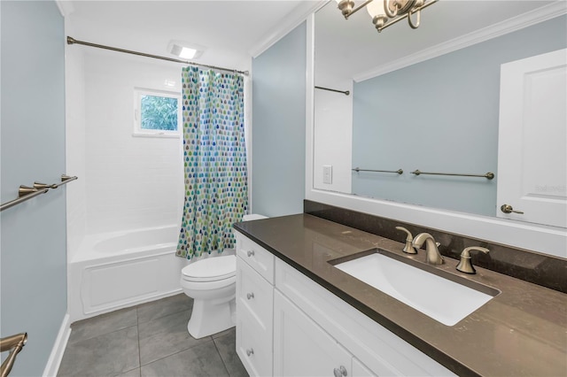 bathroom featuring shower / bath combination with curtain, toilet, ornamental molding, vanity, and tile patterned floors