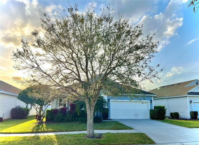 view of front of property with an attached garage, driveway, and a front lawn