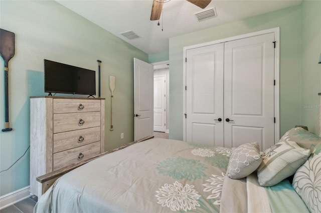 bedroom featuring a ceiling fan, visible vents, a closet, and baseboards